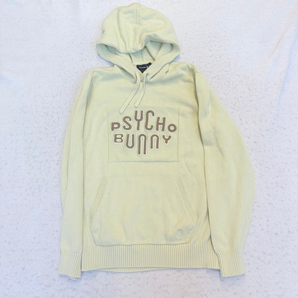 Psycho Bunny Knit Hoodie Mens Size M Pale Green Spellout Logo Pullover